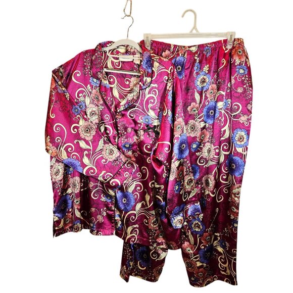 Amoureuse 2-Piece Satin Pajama Set 3X Floral Button Shirt Elastic Waist Pants - Picture 1 of 15